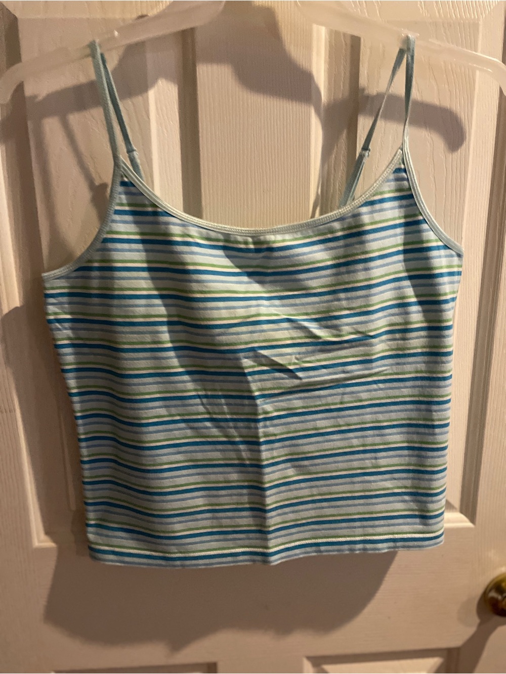 Striped Spaghetti Strap Tank Top - Light Blue & White lined bra area